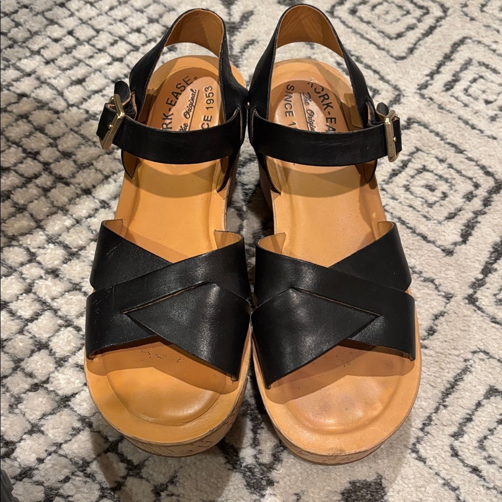 Kork-Ease Black Leather Cork Platform Wedge Sandals - Picture 2 of 5